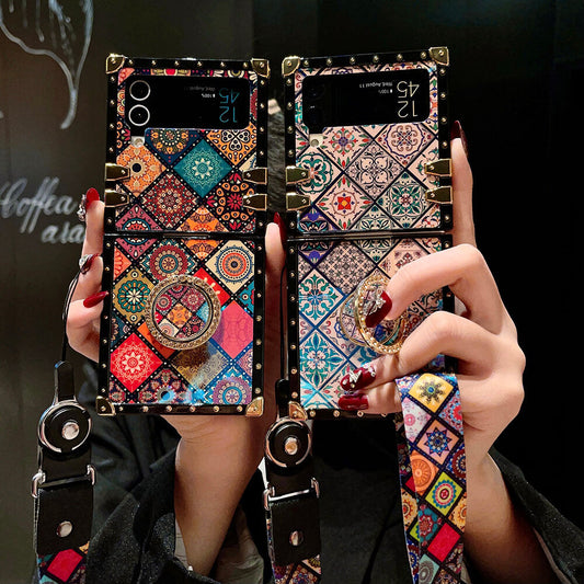 Retro Boho Style Ring Case With Lanyard for Samsung Galaxy Z Flip3 Flip4 5G - casetiphone