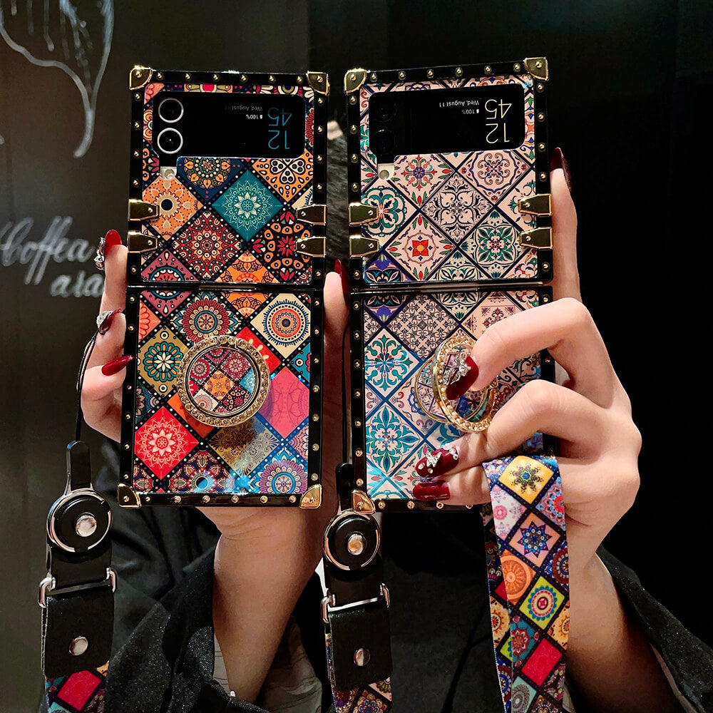 Retro Boho Style Ring Case With Lanyard for Samsung Galaxy Z Flip3 Flip4 5G - casetiphone